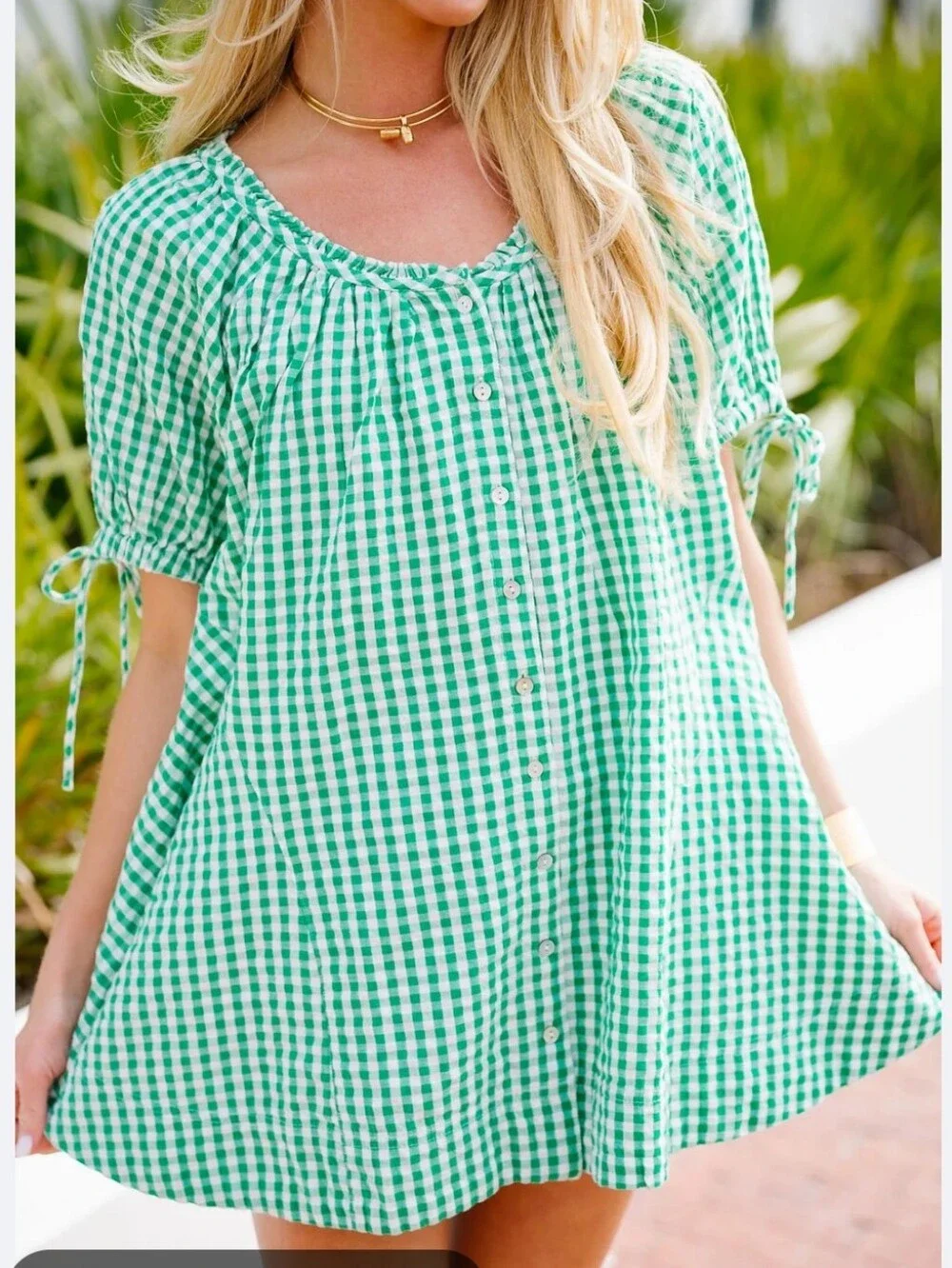 Free People Farley Gingham Tunic Mini Shirt Dress L Puffed Tie Sleeves Cottage